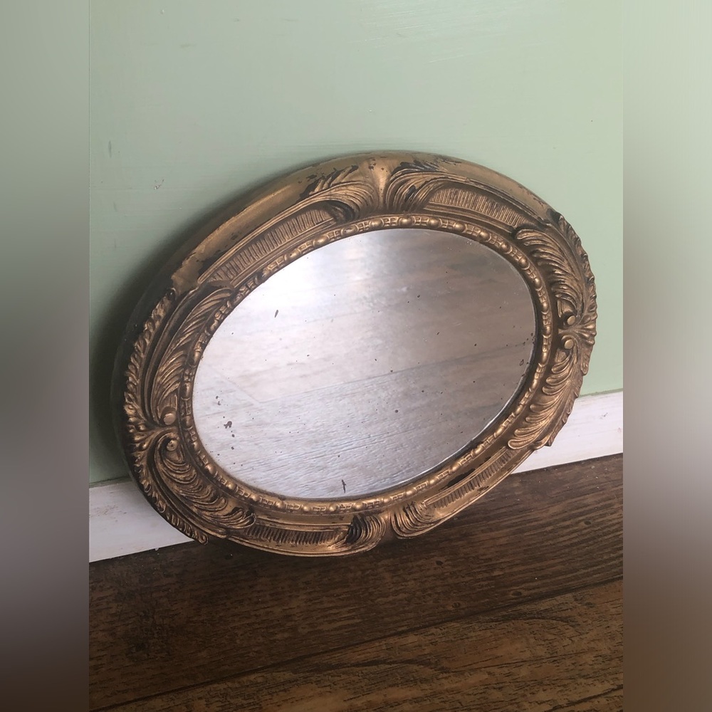 Vintage Small Oval Gold Ornate Pattern Plastic Picture Frame Mirror Mcm